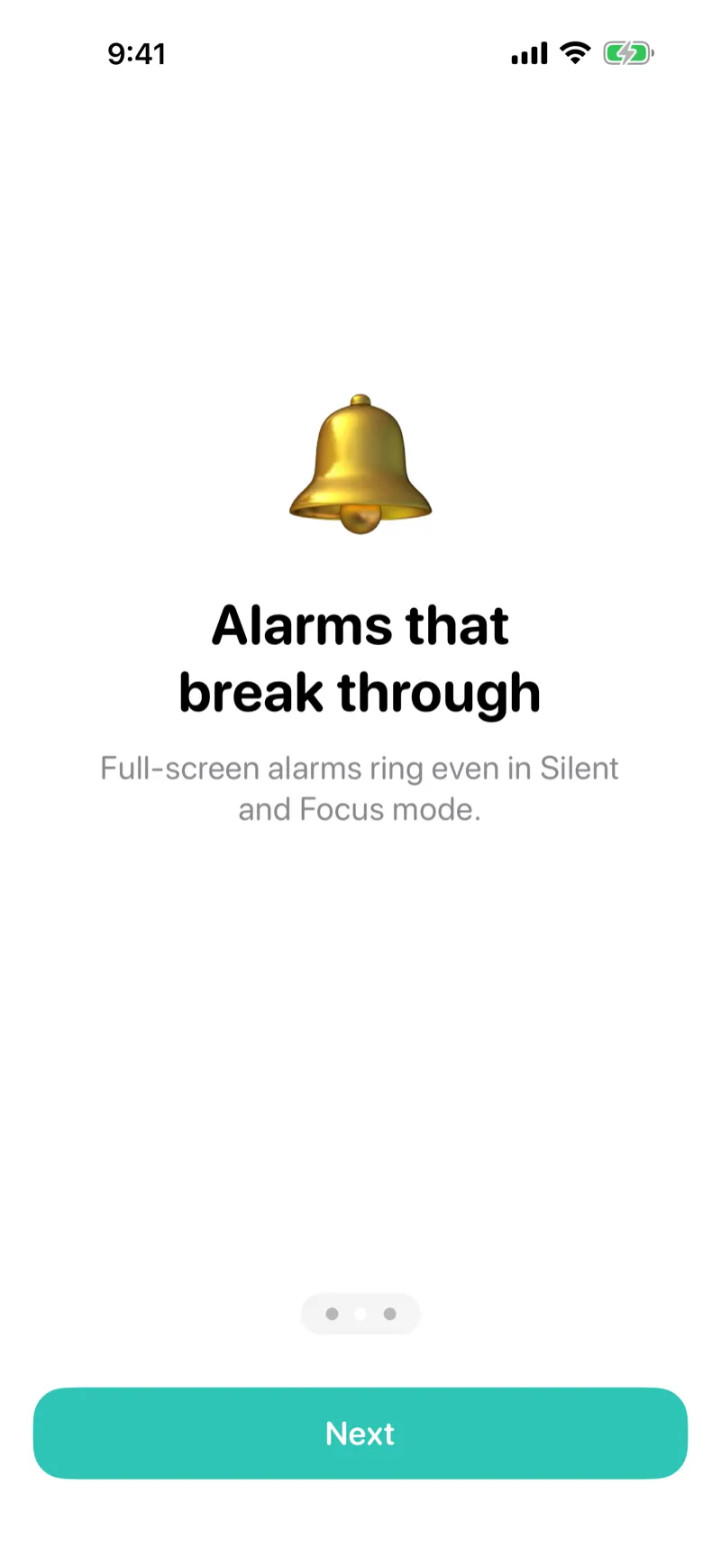 Foghorn onboarding screen with a bell icon and the text "Alarms that break through — full-screen alarms ring even in Silent and Focus mode."