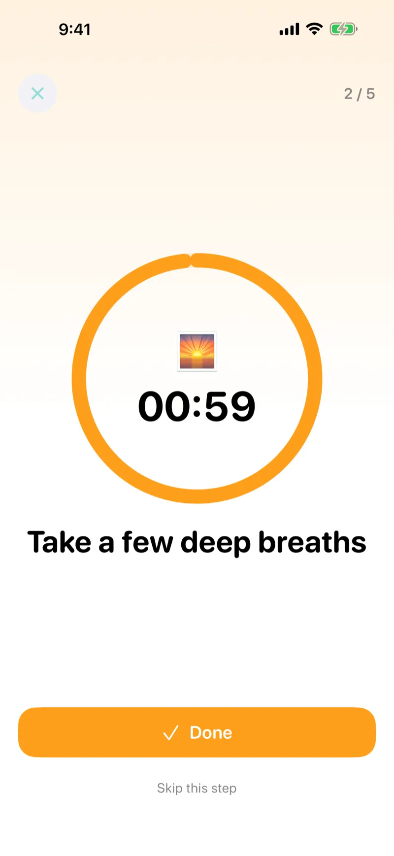 Foghorn routine player showing a single step, "Take a few deep breaths," with a circular timer and a big Done button.