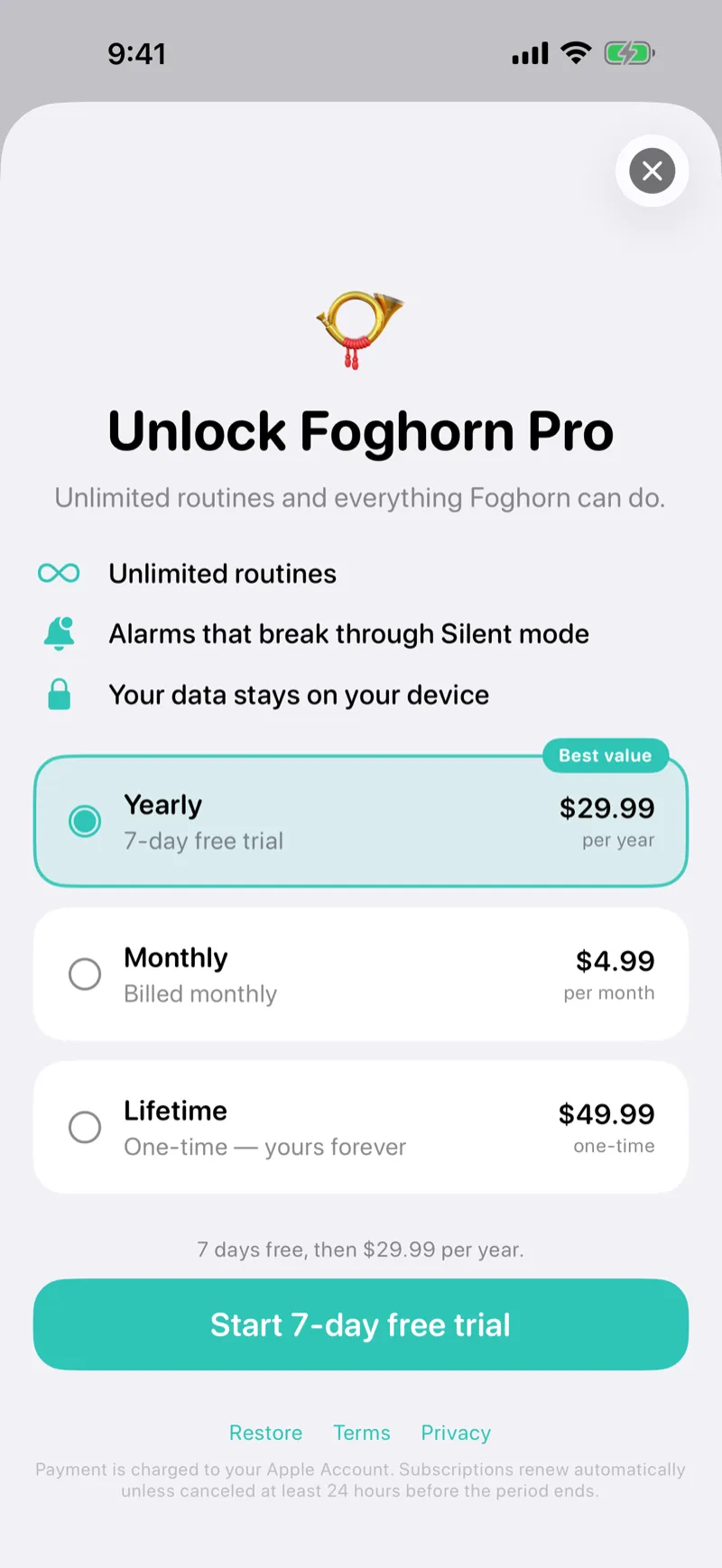 Foghorn screen listing "Your data stays on your device" next to a lock icon.