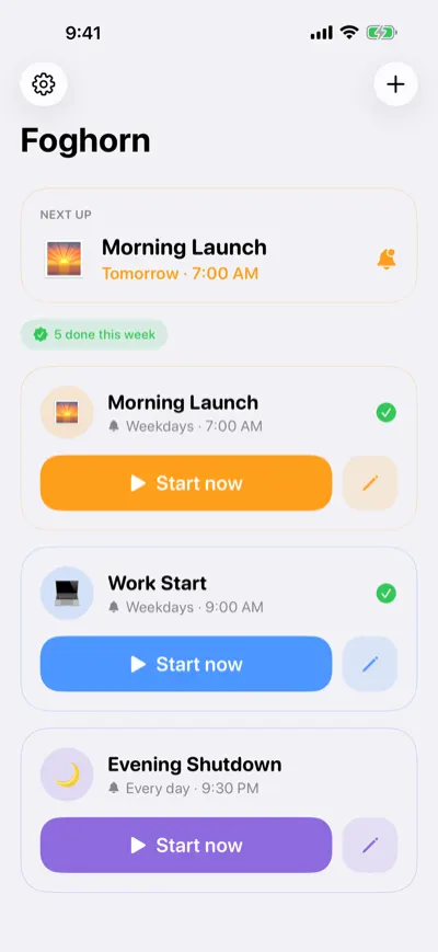 Home screen with a list of routines and a Start now button