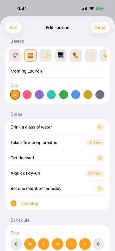 Routine editor with steps, colors, and a weekly schedule