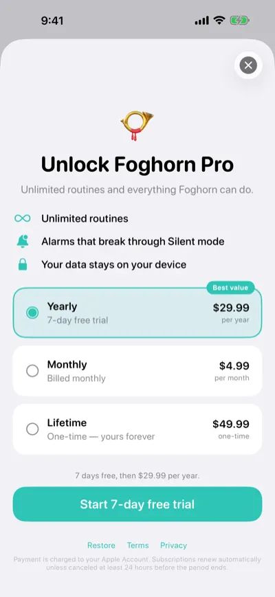 Paywall screen: "Unlock Foghorn Pro"